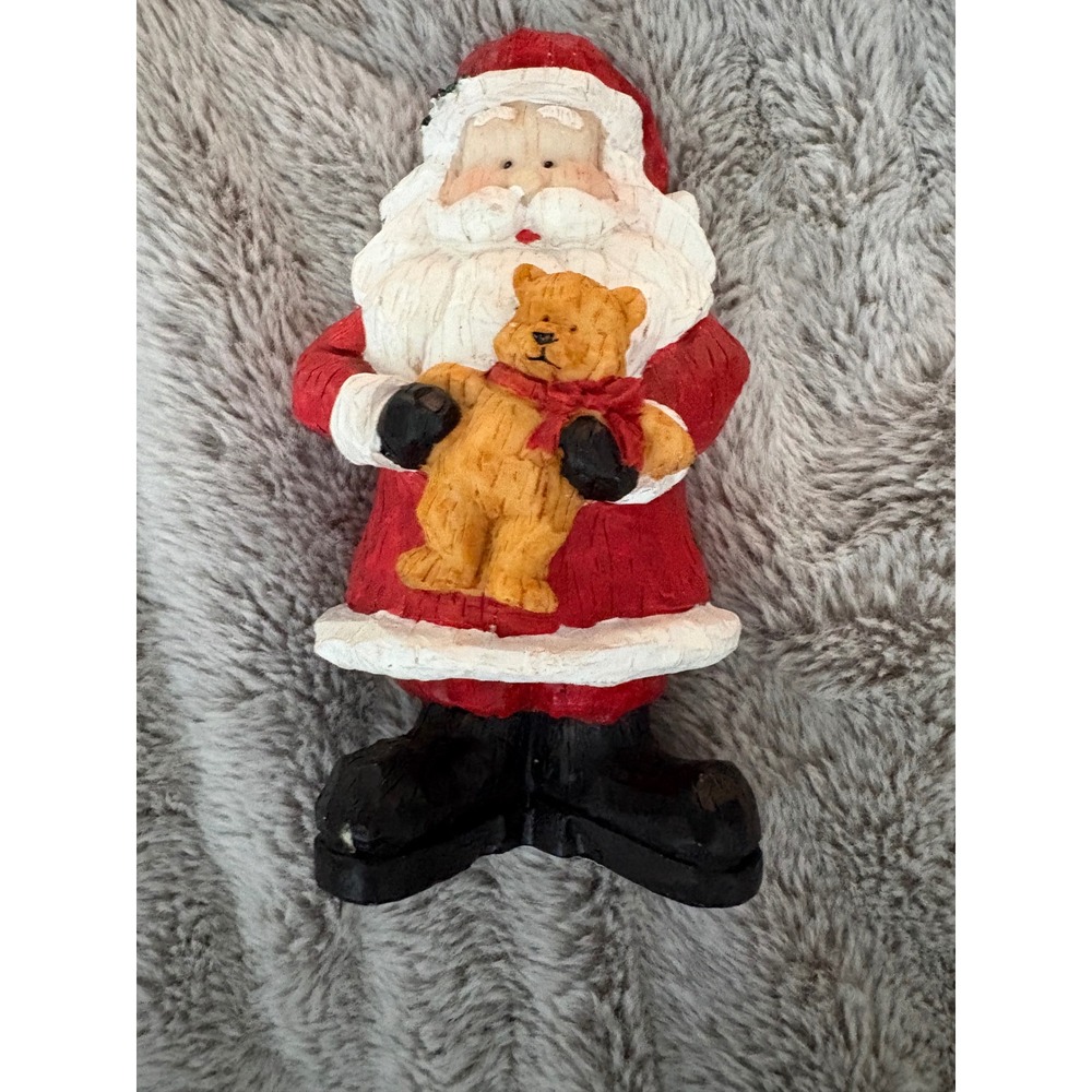 Dolgencorp Santa Claus Figurine with Teddy Bear Red White Christmas Decor 7.5in